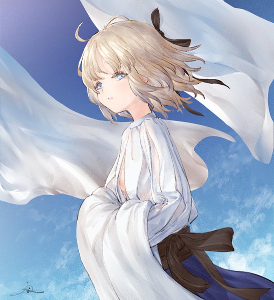 Anime picture 1063x1166 with original io (io oekaki) single tall image looking at viewer short hair blue eyes blonde hair holding signed sky upper body ahoge outdoors wind girl ribbon (ribbons) hair ribbon blouse