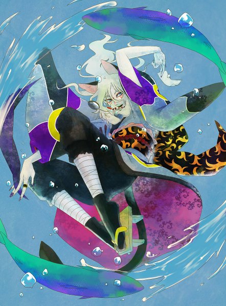 Anime picture 1000x1357 with mononoke toei animation kusuriuri (mononoke) tagme (artist) single long hair tall image open mouth blue eyes blonde hair nail polish traditional clothes facial mark underwater boy ring fish (fishes)