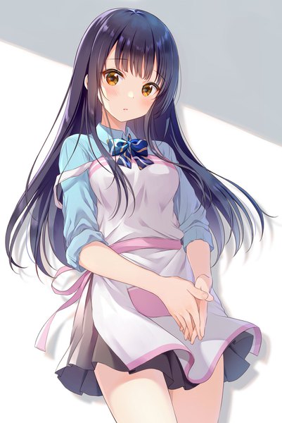 Anime picture 1157x1730 with original yatomi single long hair tall image looking at viewer blush fringe black hair simple background standing white background brown eyes blunt bangs parted lips head tilt pleated skirt wind shadow strap slip