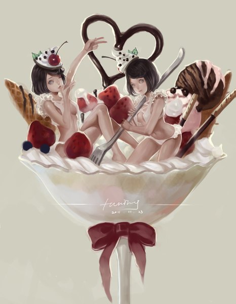 Anime picture 1167x1500 with original bobo1983 tall image short hair black hair simple background multiple girls signed one eye closed wink midriff grey eyes crossed legs licking girl navel bow 2 girls food heart