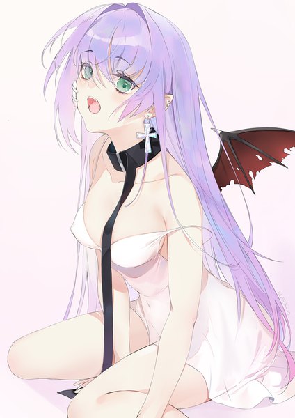 Anime picture 1200x1698 with original emyo single long hair tall image looking at viewer blush breasts open mouth light erotic simple background large breasts sitting green eyes purple hair pointy ears arm support bare legs shadow wariza