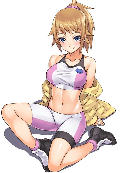Anime picture 708x1000 with mobile suit gundam gundam build fighters sunrise (studio) hoshino fumina matsuryuu single tall image looking at viewer blush short hair breasts blue eyes simple background brown hair white background sitting ponytail open clothes open jacket bare belly
