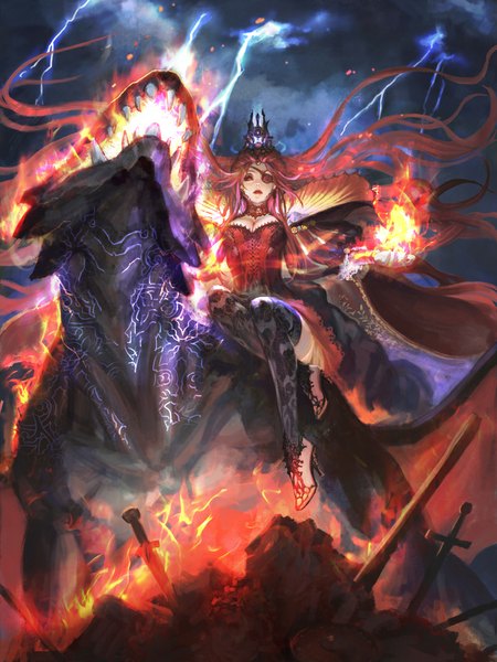 Anime picture 800x1067 with original xiaji single long hair tall image red eyes sitting sky red hair teeth fang (fangs) scar demon lightning girl dress weapon sword hairband eyepatch