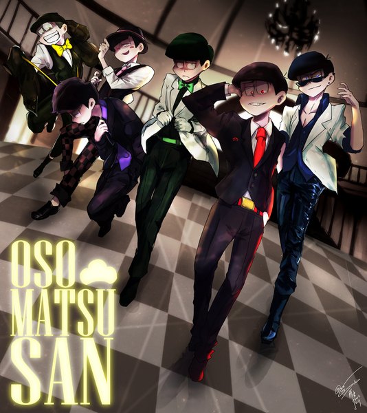 Anime picture 1379x1548 with osomatsu-san matsuno osomatsu matsuno karamatsu matsuno ichimatsu matsuno choromatsu matsuno todomatsu matsuno juushimatsu goditsuka tall image looking at viewer fringe short hair open mouth blue eyes smile red eyes green eyes signed yellow eyes profile