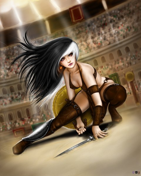 Anime picture 2500x3125 with original aless0074 long hair tall image fringe highres breasts light erotic black hair red eyes cleavage bent knee (knees) white hair multicolored hair wind sunlight mole two-tone hair solo focus warrior