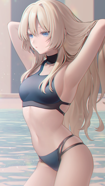 Anime picture 500x879 with girls frontline an-94 (girls frontline) urano ura single long hair tall image blush fringe breasts blue eyes light erotic blonde hair hair between eyes standing looking away arms up armpit (armpits) arms behind head anaglyph girl