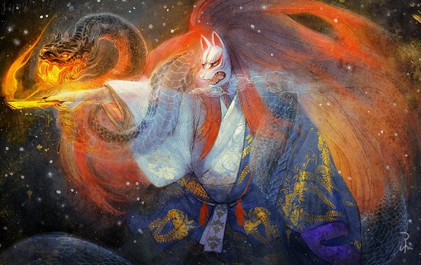 Anime picture 1024x645 with original zarame tokoharu single long hair open mouth blue eyes signed traditional clothes japanese clothes fingernails orange hair teeth fang (fangs) snowing winter long fingernails exhalation pointing transparent mask