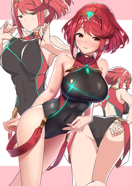 Anime picture 2507x3541 with xenoblade xenoblade 2 pyra (xenoblade) pyra (pro swimmer) (xenoblade) baffu tall image looking at viewer blush fringe highres short hair breasts light erotic simple background smile hair between eyes large breasts standing bare shoulders brown eyes