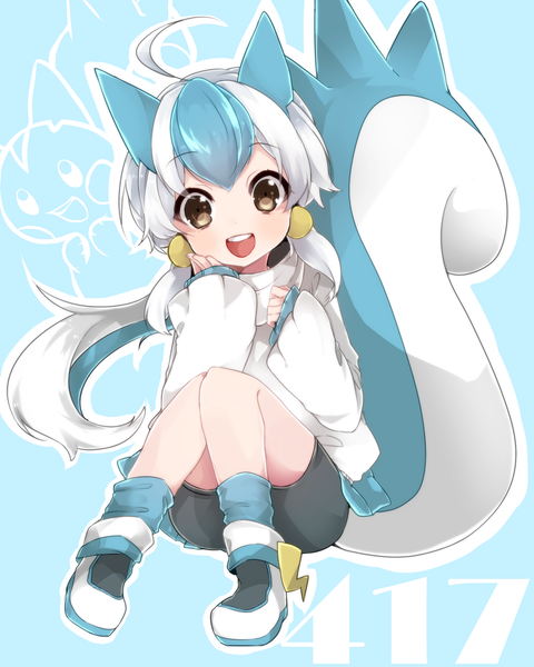 Anime picture 1200x1500 with pokemon moemon nintendo pachirisu takeshima eku single long hair tall image looking at viewer open mouth sitting brown eyes animal ears blue hair ahoge white hair tail animal tail multicolored hair two-tone hair