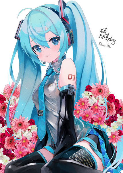 Anime picture 1000x1403 with vocaloid hatsune miku takepon1123 single long hair tall image looking at viewer fringe blue eyes simple background smile hair between eyes white background sitting twintails blue hair ahoge character names happy birthday yokozuwari