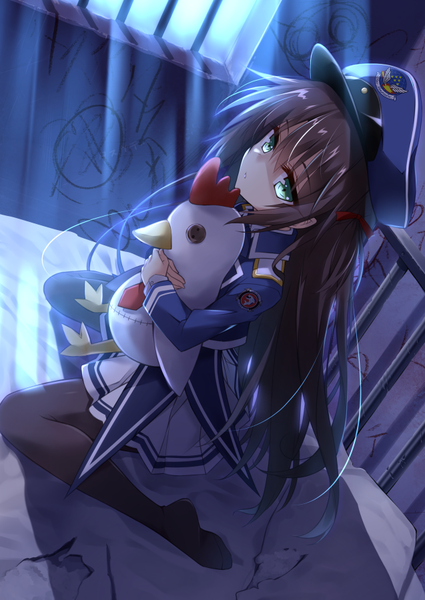 Anime picture 637x900 with valkyrie impulse oribe rin hayakawa harui single long hair tall image looking at viewer fringe hair between eyes brown hair sitting payot bent knee (knees) indoors pleated skirt aqua eyes from above dutch angle no shoes hug