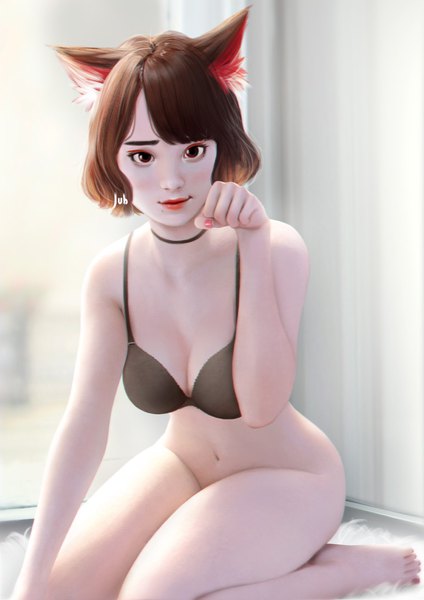Anime picture 1240x1754 with original gina (jubi) jubi (regiana) single tall image looking at viewer short hair light erotic brown hair sitting brown eyes signed animal ears nail polish fingernails lips cat ears realistic underwear only lipstick