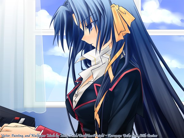 Anime picture 1600x1200 with little busters! key (studio) kurugaya yuiko long hair fringe blue eyes blue hair sky cloud (clouds) profile looking down sad girl uniform ribbon (ribbons) hair ribbon school uniform shirt curtains