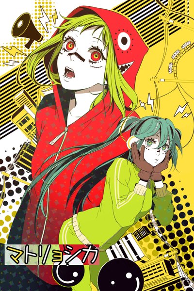 Anime picture 1000x1500 with vocaloid matryoshka (vocaloid) hatsune miku gumi tyuh (pixiv) tall image looking at viewer short hair open mouth twintails multiple girls green hair aqua hair multicolored eyes girl gloves 2 girls headphones hood megaphone