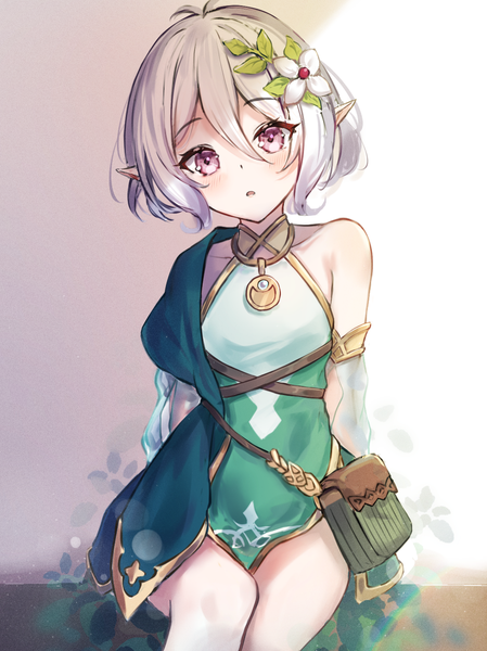 Anime picture 1120x1497 with princess connect! re:dive princess connect! kokkoro (princess connect!) atychi single tall image looking at viewer blush fringe short hair hair between eyes purple eyes silver hair head tilt hair flower pointy ears girl flower (flowers) detached sleeves bag