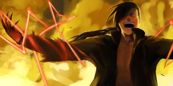 Anime picture 1000x500 with fullmetal alchemist fullmetal alchemist brotherhood studio bones greed ling yao mattcha long hair fringe open mouth black hair red eyes wide image hair over one eye open clothes magic spread arms dual persona spoilers claws