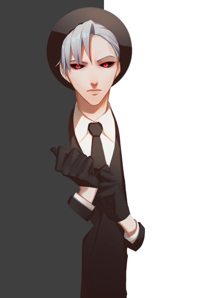 Anime picture 800x1200 with jojo no kimyou na bouken risotto nero asd13 single tall image looking at viewer short hair simple background red eyes silver hair black sclera adjusting gloves boy gloves hat black gloves necktie