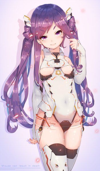 Anime picture 1200x2055 with original fangxiang cuoluan single long hair tall image looking at viewer light erotic purple eyes twintails purple hair covered navel girl thighhighs detached sleeves