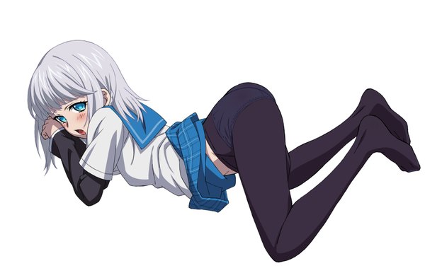 Anime picture 2003x1291 with strike the blood kanase kanon kekke single blush highres short hair open mouth blue eyes light erotic simple background white background white hair pantyshot girl uniform underwear panties school uniform pantyhose