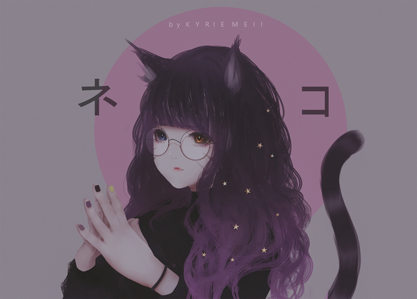 Anime picture 2000x1438 with original kyrie meii single long hair fringe highres blue eyes black hair simple background signed animal ears yellow eyes looking away purple hair tail blunt bangs nail polish animal tail cat girl cat tail