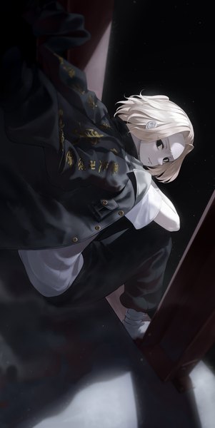 Anime picture 3763x7500 with tokyo revengers sano manjirou kerno single tall image looking at viewer highres short hair blonde hair sitting absurdres black eyes turning head clothes on shoulders boy
