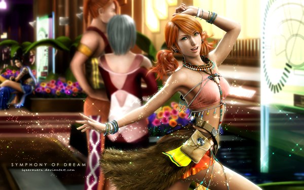 Anime picture 1920x1200 with final fantasy final fantasy xiii square enix oerba dia vanille lyzeravern long hair highres short hair open mouth smile wide image twintails green eyes grey hair orange hair realistic inscription armpit (armpits) back girl