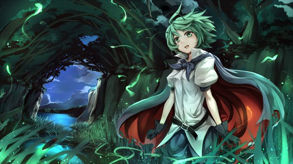 Anime picture 1699x956 with touhou wriggle nightbug asutora single looking at viewer blush open mouth wide image green eyes sky cloud (clouds) :d green hair wind puffy sleeves magic river antennae girl gloves