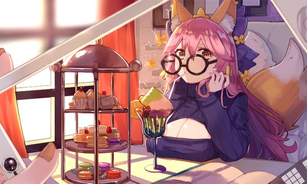 Anime picture 1786x1075 with fate (series) fate/extra tamamo (fate) (all) tamamo no mae (fate) ryuuno6 long hair looking at viewer fringe highres breasts light erotic hair between eyes wide image large breasts sitting holding brown eyes animal ears pink hair indoors