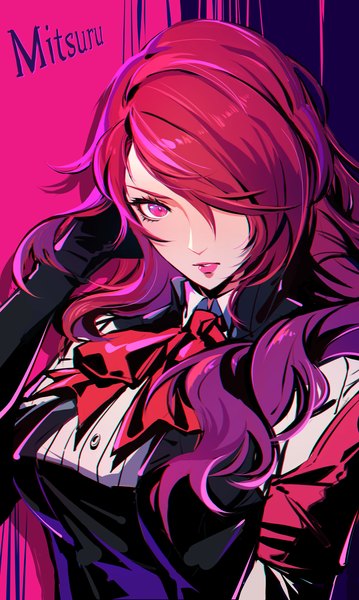 Anime picture 2750x4592 with persona 3 persona 3 reload persona kirijou mitsuru kumo33 single long hair tall image looking at viewer fringe highres upper body red hair pink eyes hair over one eye character names lipstick adjusting hair pink lipstick girl