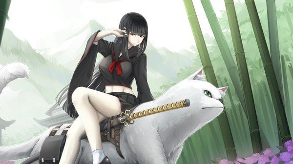 Anime-Bild 2000x1123 mit original kikivi single long hair looking at viewer fringe highres black hair hair between eyes wide image sitting green eyes payot outdoors pleated skirt wide sleeves adjusting hair bamboo forest girl skirt