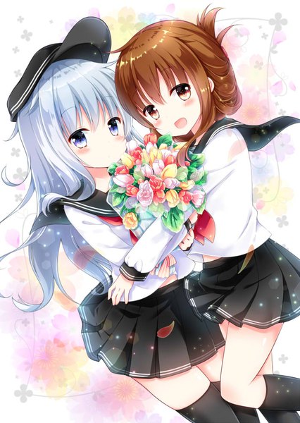 Anime picture 700x985 with kantai collection hibiki destroyer inazuma destroyer murasaki-neko long hair tall image looking at viewer blush fringe short hair open mouth blue eyes smile hair between eyes brown hair standing multiple girls holding brown eyes payot