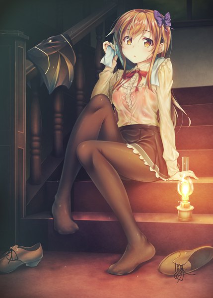 Anime picture 715x1000 with original yuurei yashiki single long hair tall image looking at viewer blush fringe breasts light erotic hair between eyes brown hair sitting holding brown eyes bent knee (knees) indoors long sleeves parted lips pleated skirt