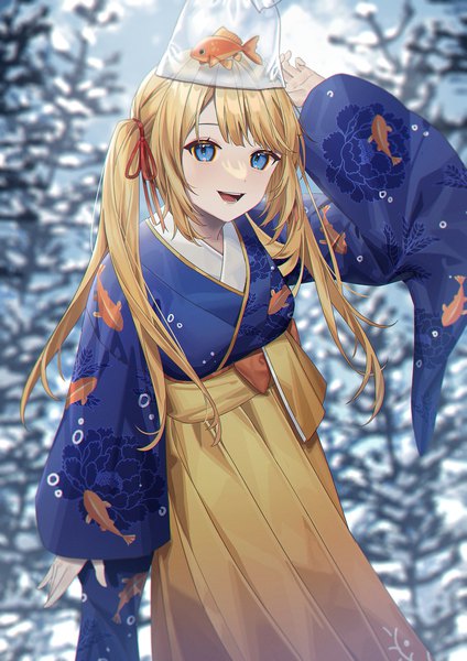 Anime picture 1240x1754 with virtual youtuber hololive hololive english watson amelia wenz single long hair tall image looking at viewer open mouth blue eyes blonde hair twintails outdoors traditional clothes :d japanese clothes arm up blurry official alternate costume