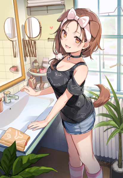 Anime picture 3214x4667 with virtual youtuber hololive inugami korone ikomochi single long hair tall image looking at viewer blush fringe highres breasts open mouth smile brown hair brown eyes signed animal ears absurdres cleavage