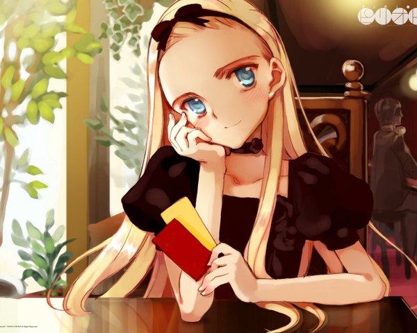 Anime picture 1280x1024 with period littlewitch kawasaki yukina oyari ashito single long hair blue eyes blonde hair smile indoors head tilt loli puffy sleeves copyright name head rest girl bow hair bow