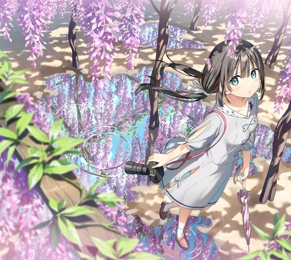 Anime picture 2000x1791 with original kantoku single long hair looking at viewer blush fringe highres blue eyes black hair twintails holding full body outdoors blunt bangs from above wind blurry short sleeves low twintails