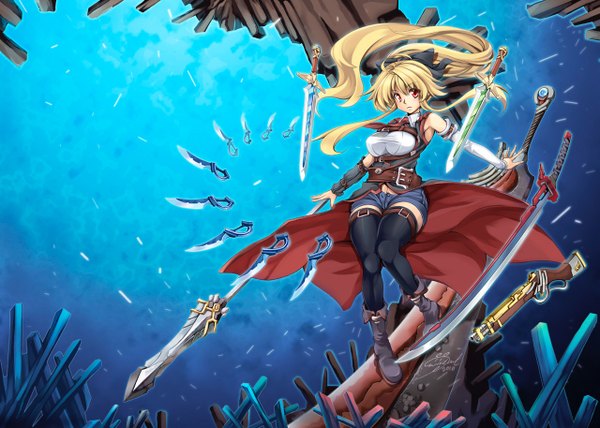 Anime picture 1280x914 with original windart single long hair blonde hair red eyes ponytail girl thighhighs weapon black thighhighs sword shorts boots knife