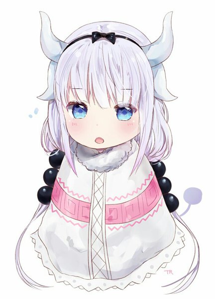 Anime picture 700x972 with kobayashi-san chi no maidragon kyoto animation kanna kamui tr (hareru) single long hair tall image blush fringe open mouth blue eyes simple background white background twintails payot silver hair upper body horn (horns) from above fur trim
