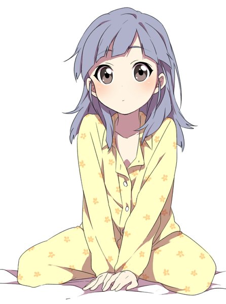 Anime picture 855x1149 with kantai collection ooshio destroyer sekina single long hair tall image looking at viewer blush fringe simple background white background sitting purple hair black eyes open collar girl pajamas