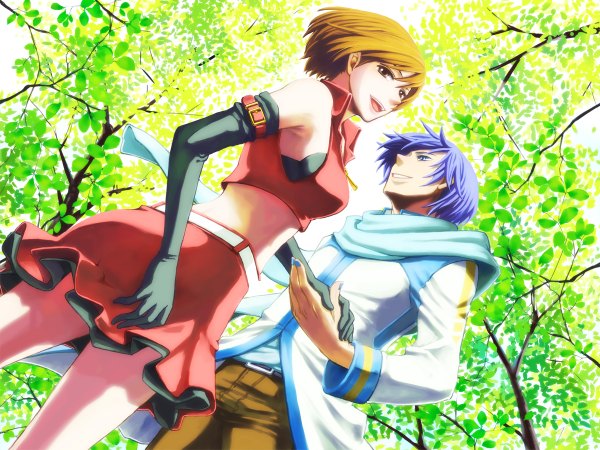 Anime picture 1200x900 with vocaloid kaito (vocaloid) meiko youne looking at viewer fringe short hair hair between eyes brown hair brown eyes blue hair looking away nail polish looking back bare belly from below sleeveless couple holding hands looking down
