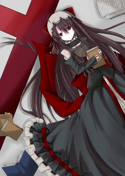 Anime picture 2515x3543 with dantalian no shoka dalian single long hair tall image highres black hair red eyes absurdres girl dress black dress book (books) collar