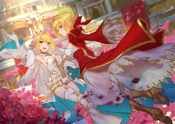 イラスト 1800x1273 と Fateシリーズ fate/grand order フェイト／ステイナイト fate/extra fate/extra ccc nero claudius (fate) (all) ネロ・クラウディウス(fate) セイバー・ブライド cancer (zjcconan) カメラ目線 highres 短い髪 おっぱい 開いた口 light erotic 金髪 笑顔 multiple girls signed payot