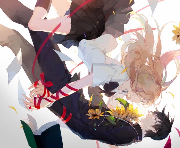 Anime picture 1050x861 with vocaloid sarishinohara (vocaloid) sarishi no hara (vocaloid) moca (p0ckylo) long hair short hair blue eyes white background profile couple tears holding hands falling girl boy uniform flower (flowers) ribbon (ribbons) school uniform petals