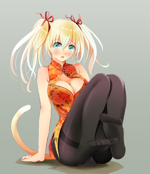 Anime picture 2239x2600 with original tebi (tbd11) single long hair tall image looking at viewer blush highres breasts open mouth light erotic blonde hair simple background large breasts sitting twintails bare shoulders cleavage tail animal tail