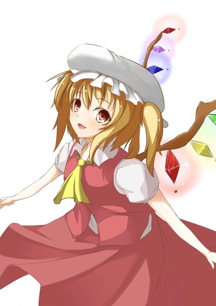 Anime picture 2893x4092 with touhou flandre scarlet karakura0 single tall image looking at viewer blush highres short hair blonde hair smile brown eyes ponytail side ponytail girl dress wings headdress