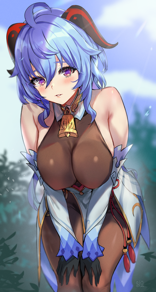 Anime picture 1024x1923 with genshin impact ganyu (genshin impact) alraco single long hair tall image looking at viewer blush fringe breasts light erotic hair between eyes large breasts purple eyes bare shoulders signed payot blue hair ahoge bent knee (knees)