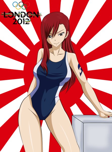 Anime picture 1850x2500 with fairy tail erza scarlet x-ray99 single long hair tall image highres light erotic smile brown eyes red hair nail polish inscription tattoo coloring striped striped background girl swimsuit