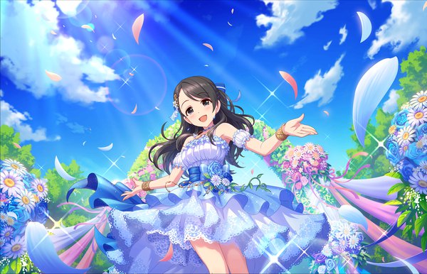 Anime picture 1280x824 with idolmaster idolmaster cinderella girls idolmaster cinderella girls starlight stage kurihara nene single long hair looking at viewer blush open mouth black hair sky cloud (clouds) black eyes official art sparkle spread arms girl dress flower (flowers) petals