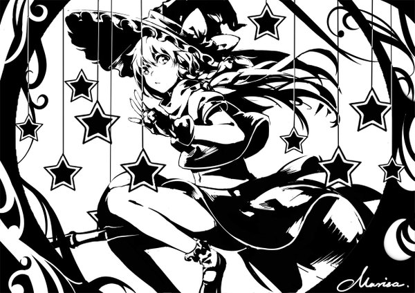 Anime picture 1273x900 with touhou kirisame marisa zicai tang single long hair looking at viewer fringe braid (braids) short sleeves high heels character names monochrome expressionless witch broom riding girl skirt gloves navel bow