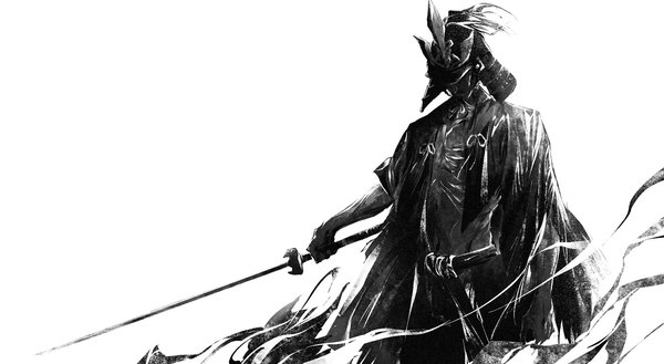 Anime picture 1923x1053 with sekiro: shadows die twice from software isshin ashina megasus single highres simple background wide image standing white background holding traditional clothes japanese clothes monochrome samurai boy weapon sword katana helmet